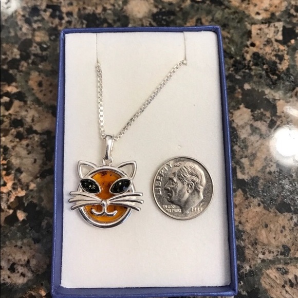 STERLING SILVER GENUINE BALTIC AMBER CAT NIB - Picture 2 of 6